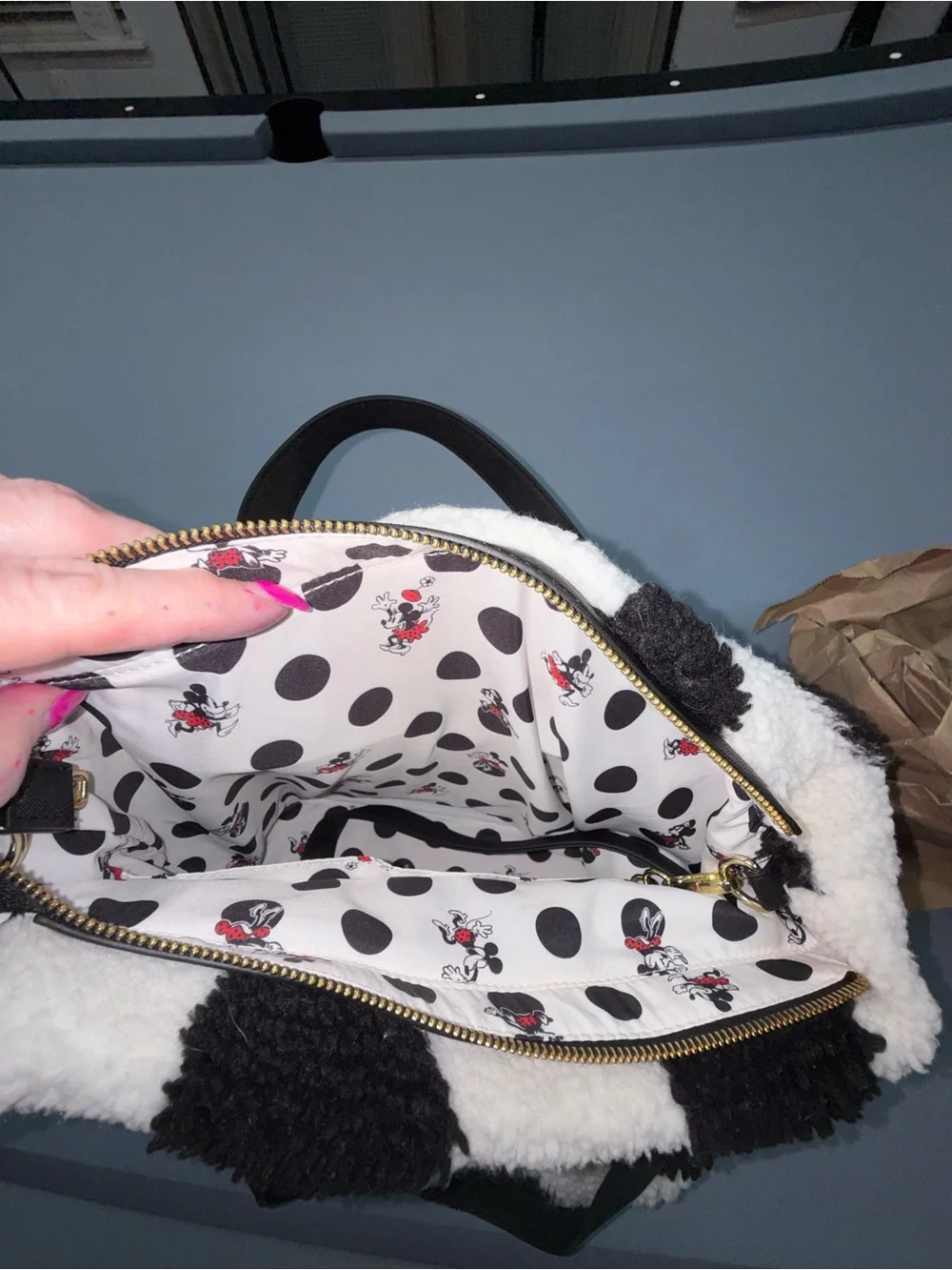 Loungefly Minnie Rock The Dots Sherpa Tote with Red Bow